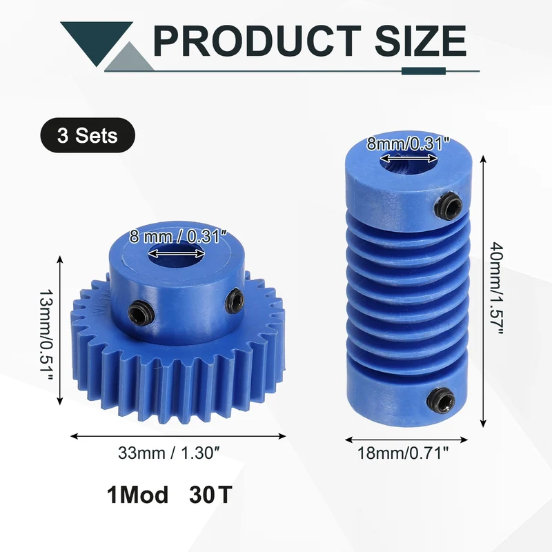3Set Nylon Worm Gear Set 1M 30:1 Reduction Ratio Gear 8mm Bore Rod 8mm Bore