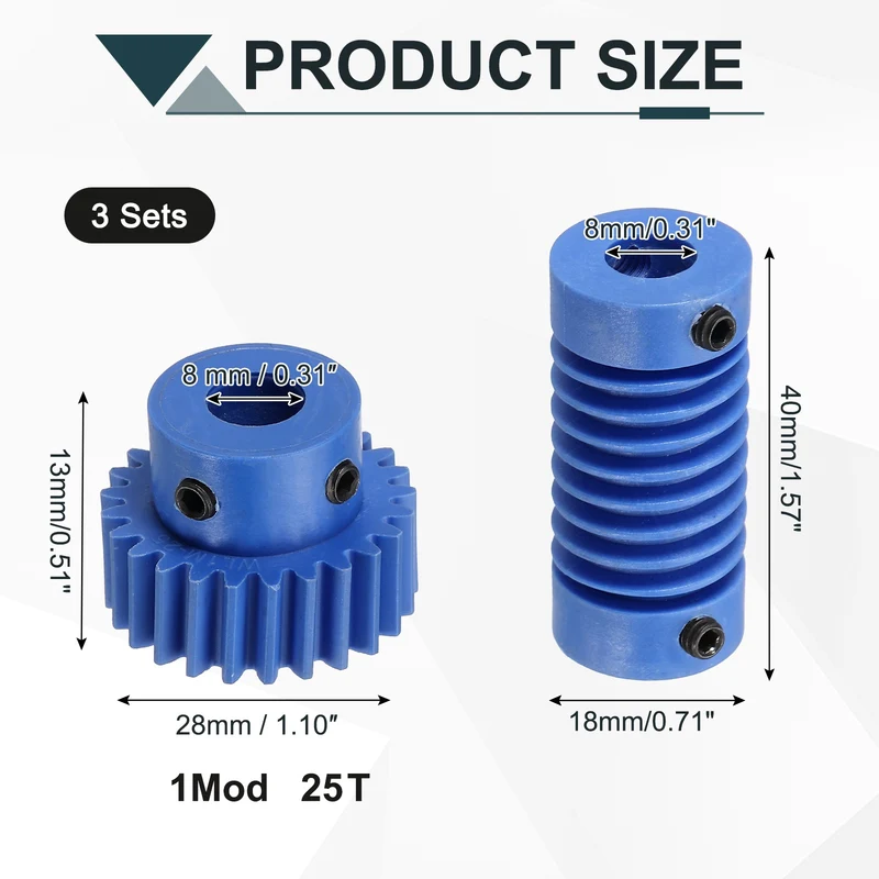 3Set Nylon Worm Gear Set 1M 25:1 Reduction Ratio Gear 8mm Bore Rod 8mm Bore