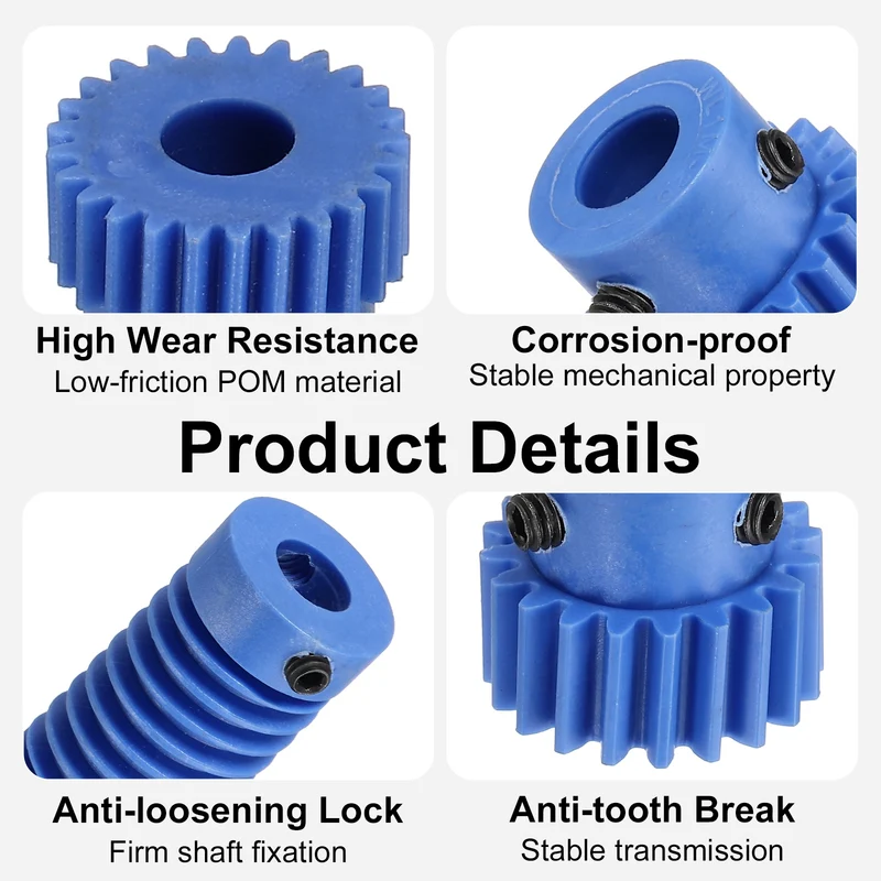 2Set Nylon Worm Gear Set 1M 20:1 Reduction Ratio Gear 8mm Bore Rod 8mm Bore