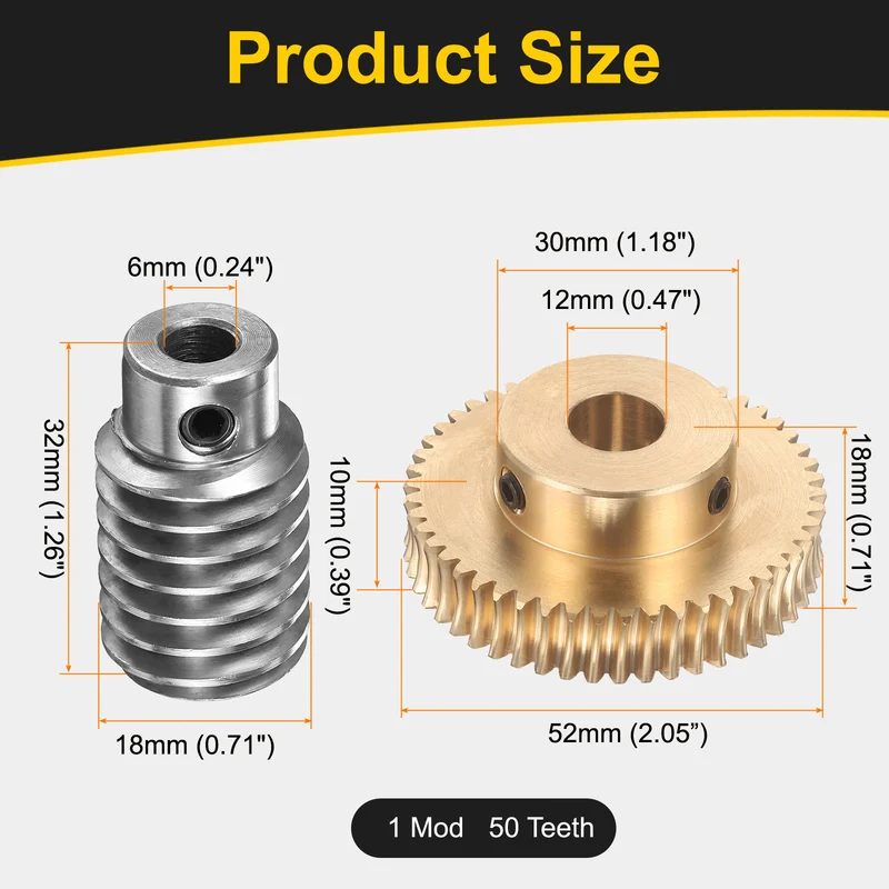Worm Gear Set 1 Module 50:1 Reduction Rate(Gear-12mm Bore, Rod 6mm Bore)