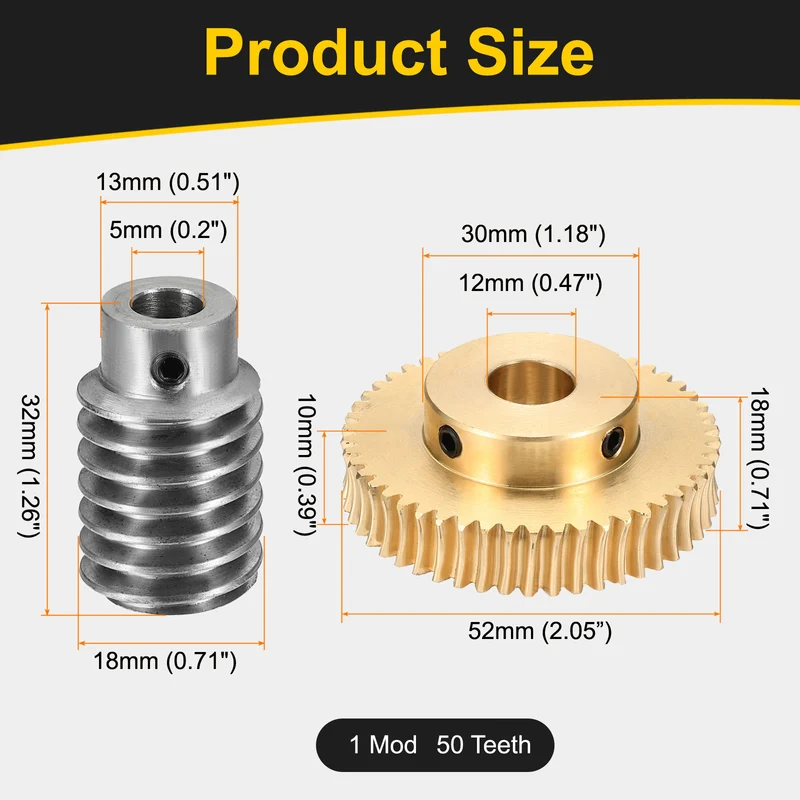 Worm Gear Set 1 Module 50:1 Reduction Rate(Gear-12mm Bore, Rod 5mm Bore)