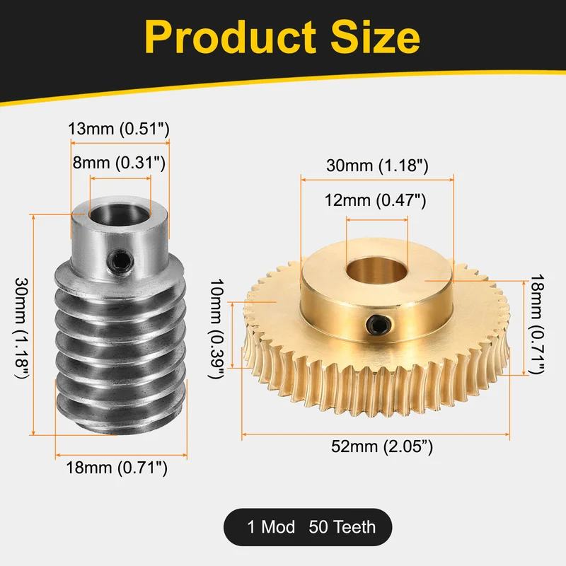 Worm Gear Set 1 Module 50:1 Reduction Rate(Gear-12mm Bore, Rod 8mm Bore)