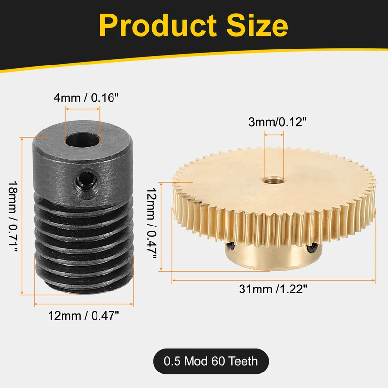 Worm Gear Set 0.5 Module 60:1 Reduction Rate(Gear-3mm Bore, Rod 4mm Bore)