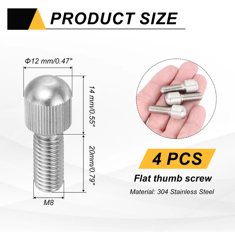 4 Pcs M8 x 20mm Stainless Steel Flat Head Thread Knurled Thumbscrews Bolts