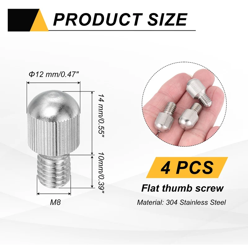 4Pcs M8 x 10mm Stainless Steel Flat Head Thread Knurled Thumbscrews Bolts