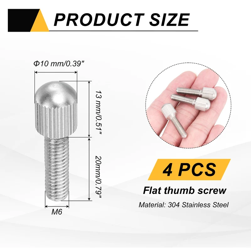 4Pcs M6 x 20mm Stainless Steel Flat Head Thread Knurled Thumbscrews Bolts