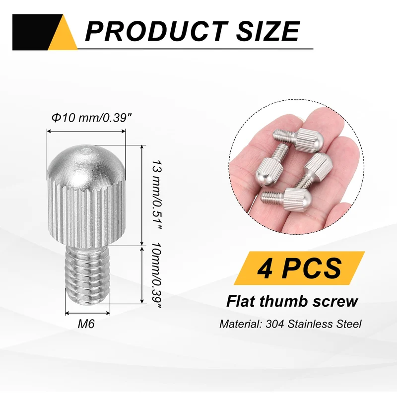 4Pcs M6 x 10mm Stainless Steel Flat Head Thread Knurled Thumbscrews Bolts