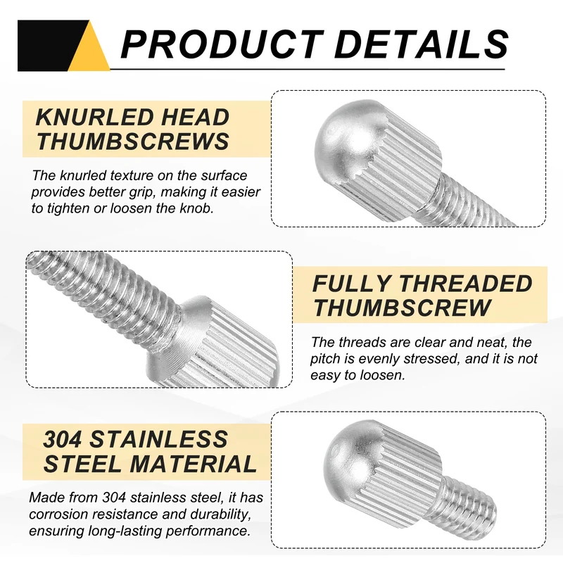 4Pcs M6 x 10mm Stainless Steel Flat Head Thread Knurled Thumbscrews Bolts