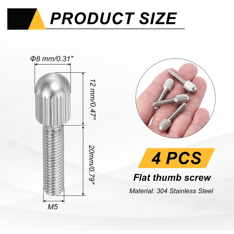 4 Pcs M5 x 20mm Stainless Steel Flat Head Thread Knurled Thumbscrews Bolts