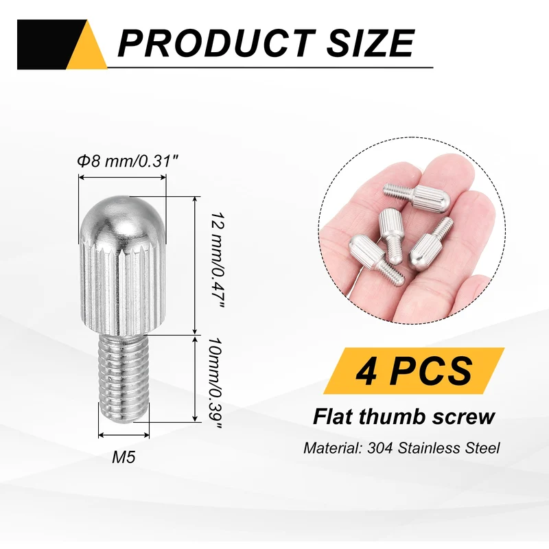 4Pcs M5 x 10mm Stainless Steel Flat Head Thread Knurled Thumbscrews Bolts