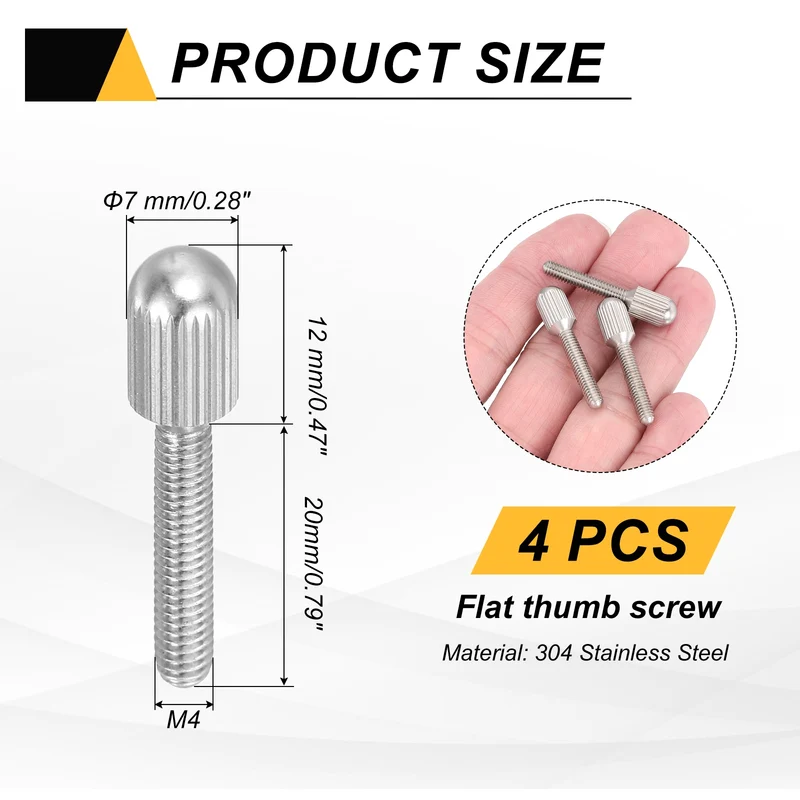 4Pcs M4 x 20mm Stainless Steel Flat Head Thread Knurled Thumbscrews Bolts