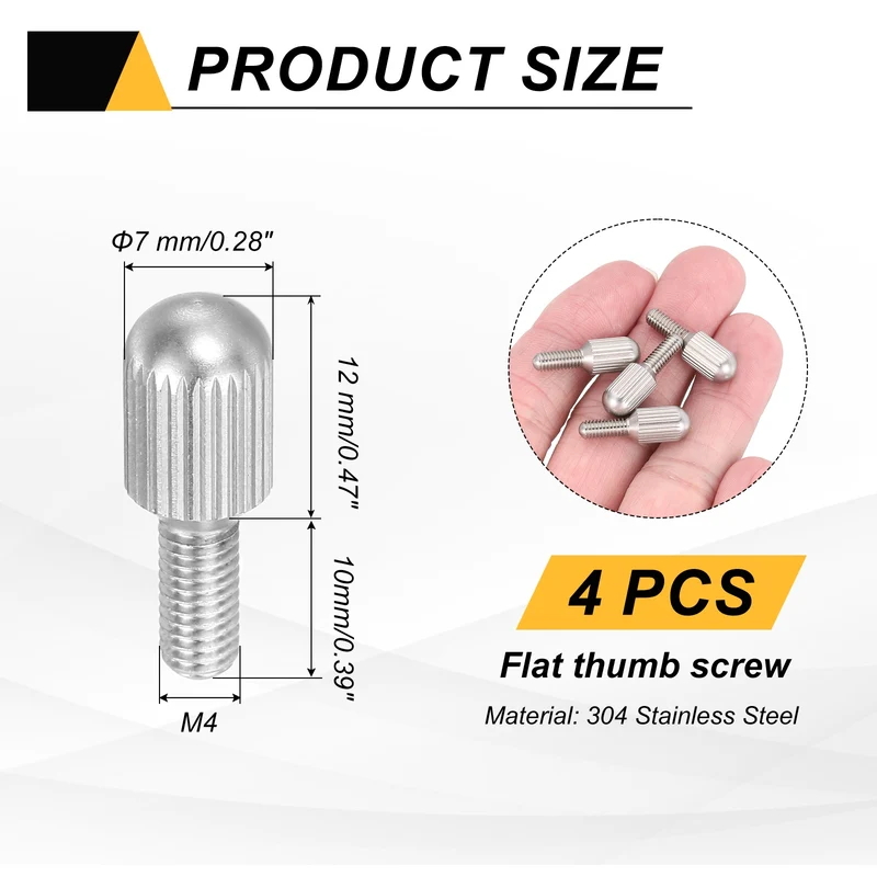 4Pcs M4 x 10mm Stainless Steel Flat Head Thread Knurled Thumbscrews Bolts