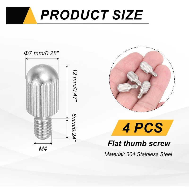 4Pcs M4 x 6mm Stainless Steel Flat Head Thread Knurled Thumbscrews Bolts