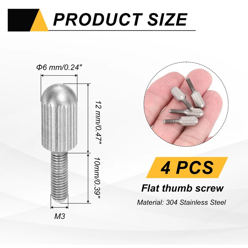4Pcs M3 x 10mm Stainless Steel Flat Head Thread Knurled Thumbscrews Bolts