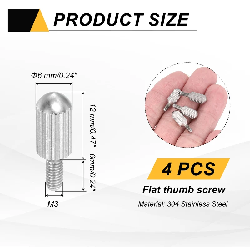 4Pcs M3 x 6mm Stainless Steel Flat Head Thread Knurled Thumbscrews Bolts