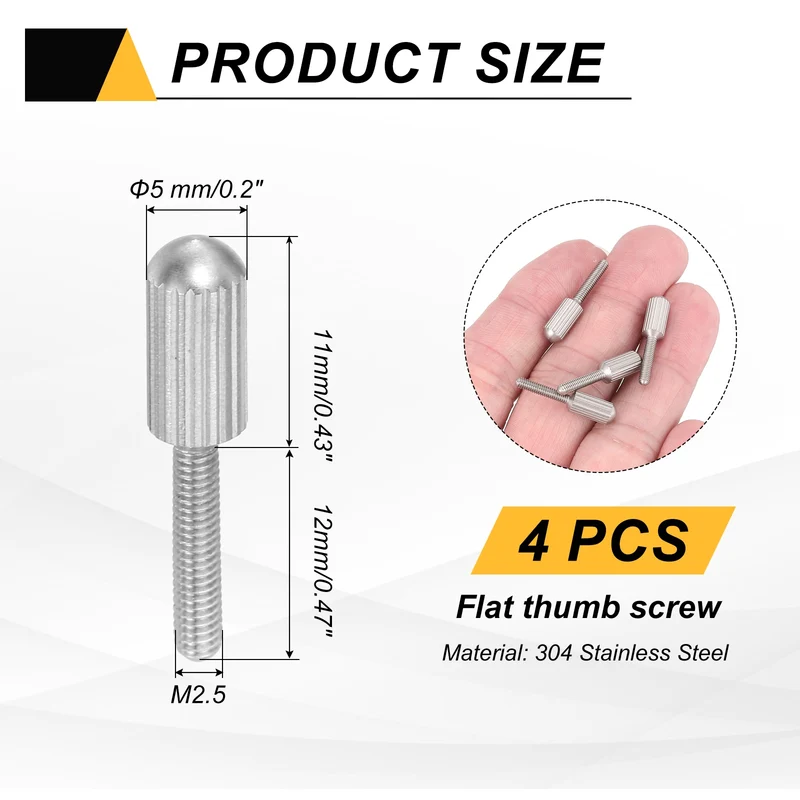 4Pcs M2.5 x 12mm Stainless Steel Flat Head Thread Knurled Thumbscrews Bolts