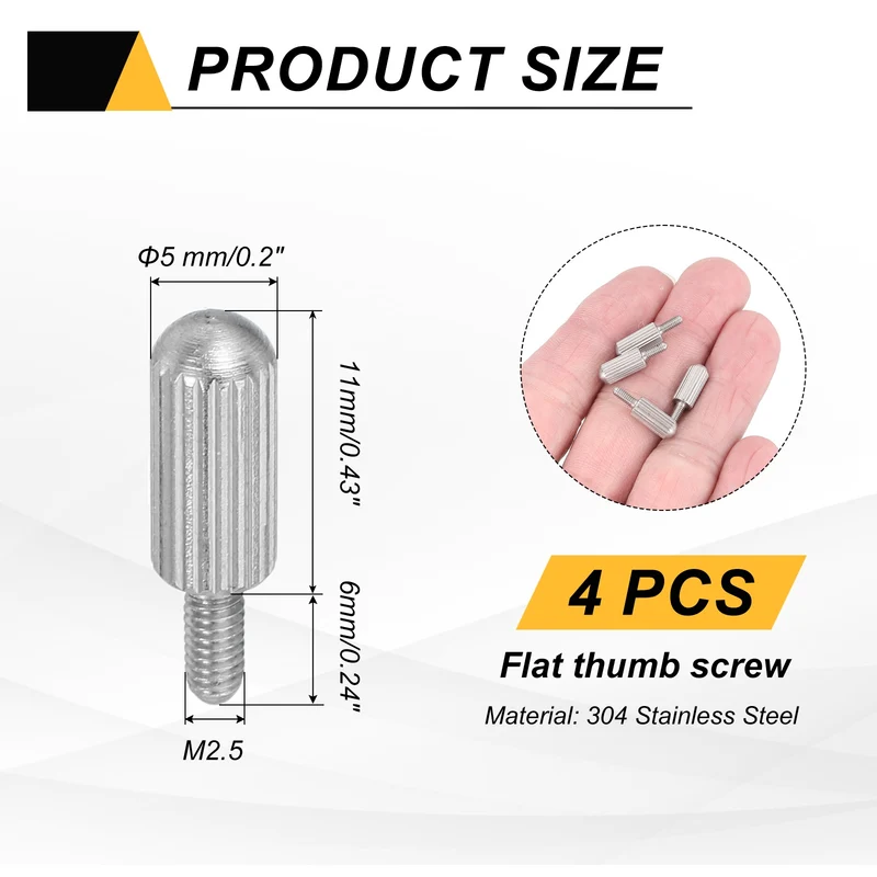 4Pcs M2.5 x 6mm Stainless Steel Flat Head Thread Knurled Thumbscrews Bolts