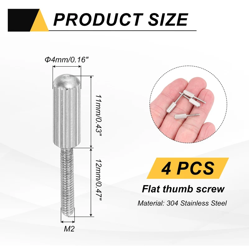 4Pcs M2 x 12mm Stainless Steel Flat Head Thread Knurled Thumbscrews Bolts