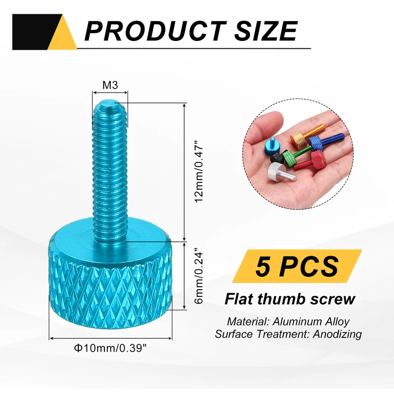 5 Pcs M3x12mm Flat Head Knurled Thumb Screws for Graphics Card, Lake Blue