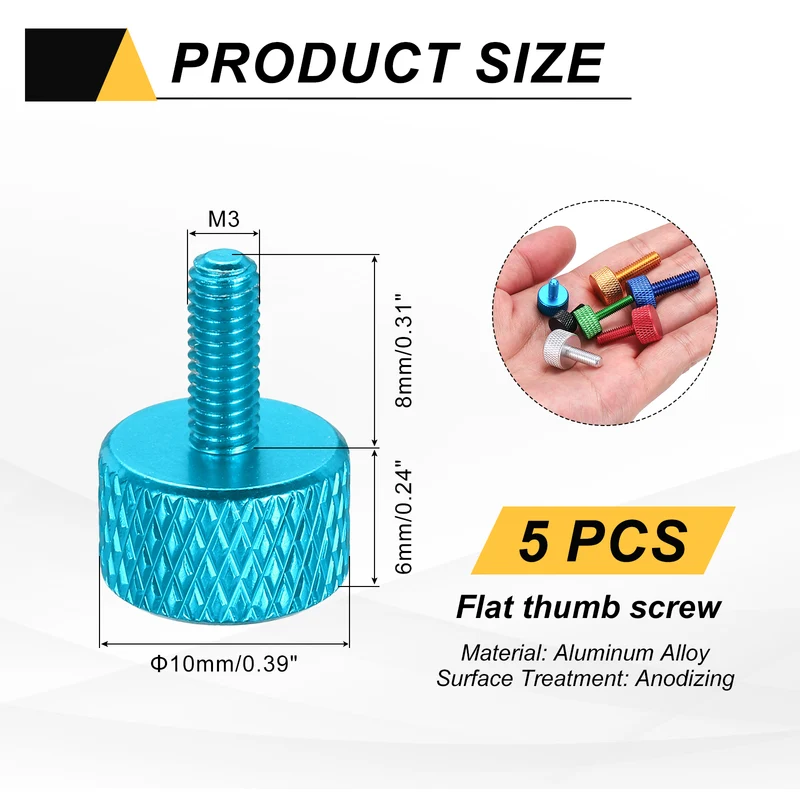 5 Pcs M3x8mm Flat Head Knurled Thumb Screws for Graphics Card, Lake Blue