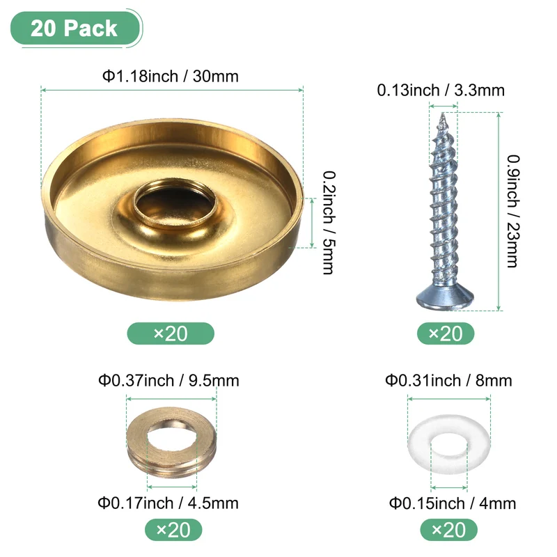 20-Pack Screw Covers Caps, 1.18" Dia Decorative Mirror Screws Cap [Gold Tone]