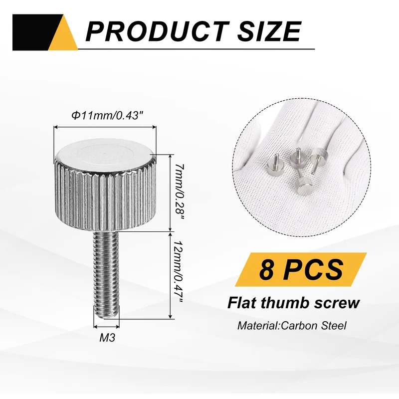 8 PCS M3x12mm Flat Knurled Head Thumb Screws for Household Appliances, Silver