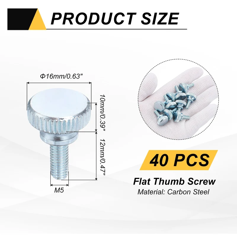 40 Pcs M5x12mm Zinc Plated Flat Knurled Fully Threaded Thumb Screws