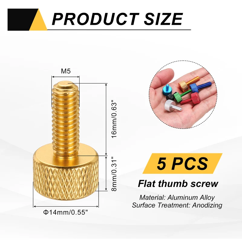5Pcs M5x16mm Flat Head Knurled Thumb Screws for Graphics Card Gold