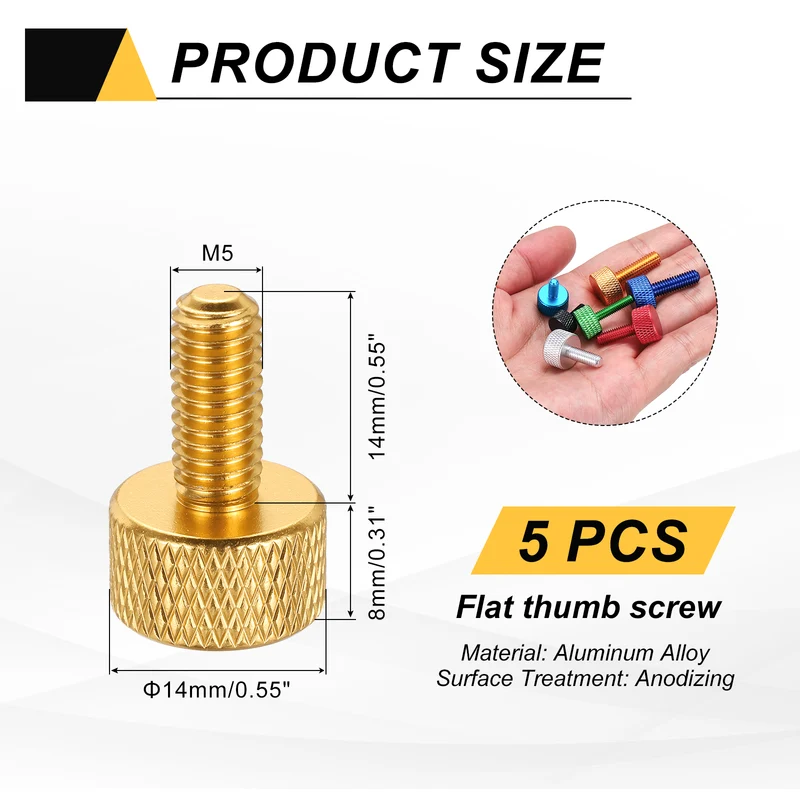 5 Pcs M5x14mm Flat Head Knurled Thumb Screws for Graphics Card, Gold