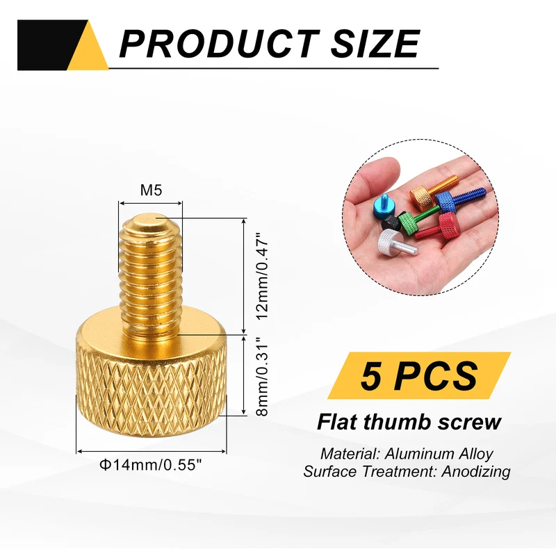 5 Pcs M5x12mm Flat Head Knurled Thumb Screws for Graphics Card, Gold