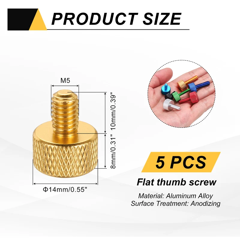5Pcs M5x10mm Flat Head Knurled Thumb Screws for Graphics Card Gold