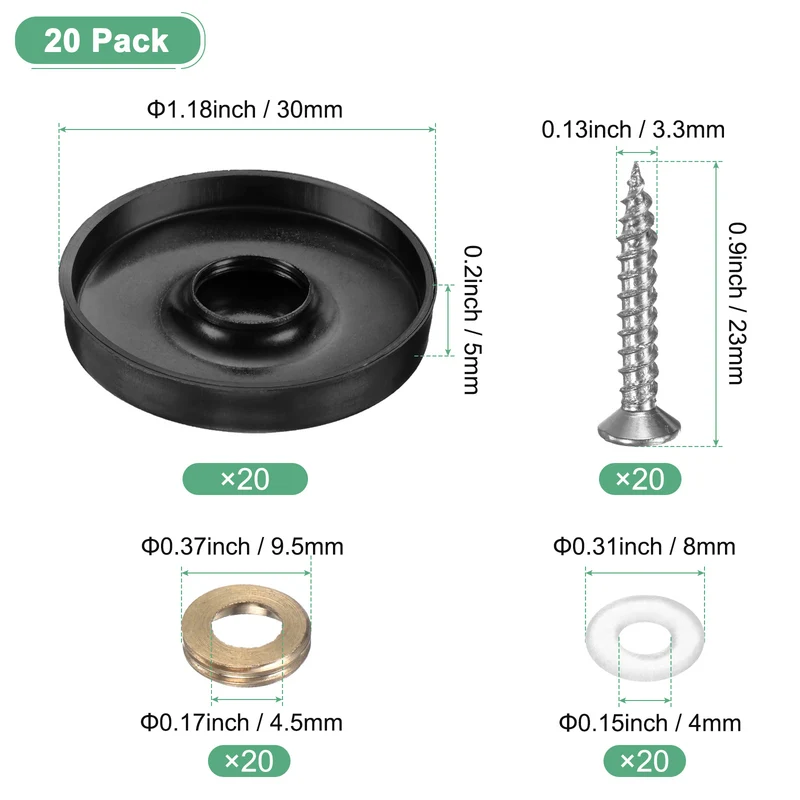 20-Pack Screw Covers Caps, 1.18" Dia Decorative Mirror Screws Cap [Black]