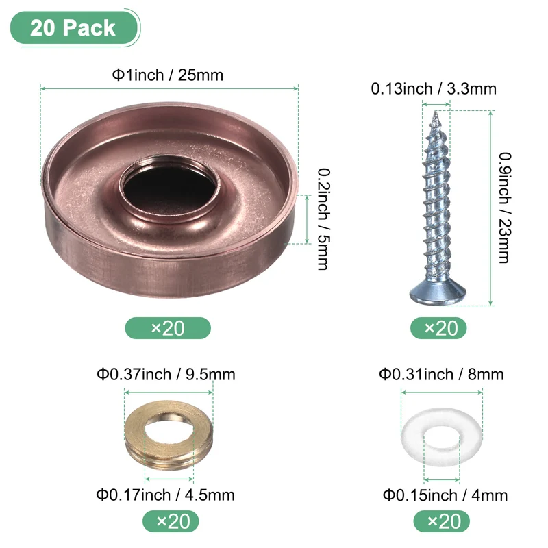 20-Pack Screw Covers Caps, 1" Dia Decorative Mirror Screws Cap [Rose Gold]