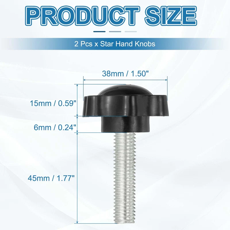 M10 x 45mm Thread Star Knobs, 2Pcs Plastic Star Hand Tightening Screw, Black
