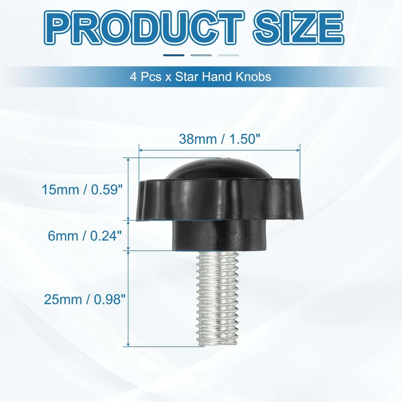 M10 x 25mm Thread Star Knobs, 4Pcs Plastic Star Hand Tightening Screw, Black