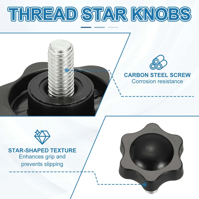 M10 x 25mm Thread Star Knobs, 4Pcs Plastic Star Hand Tightening Screw, Black