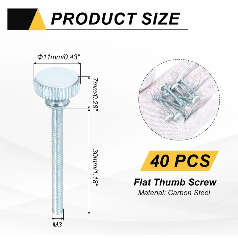40 Pcs M3x30mm Zinc Plated Flat Knurled Fully Threaded Thumb Screws