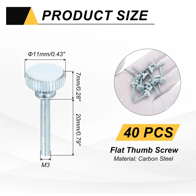 40 Pcs M3x20mm Zinc Plated Flat Knurled Fully Threaded Thumb Screws