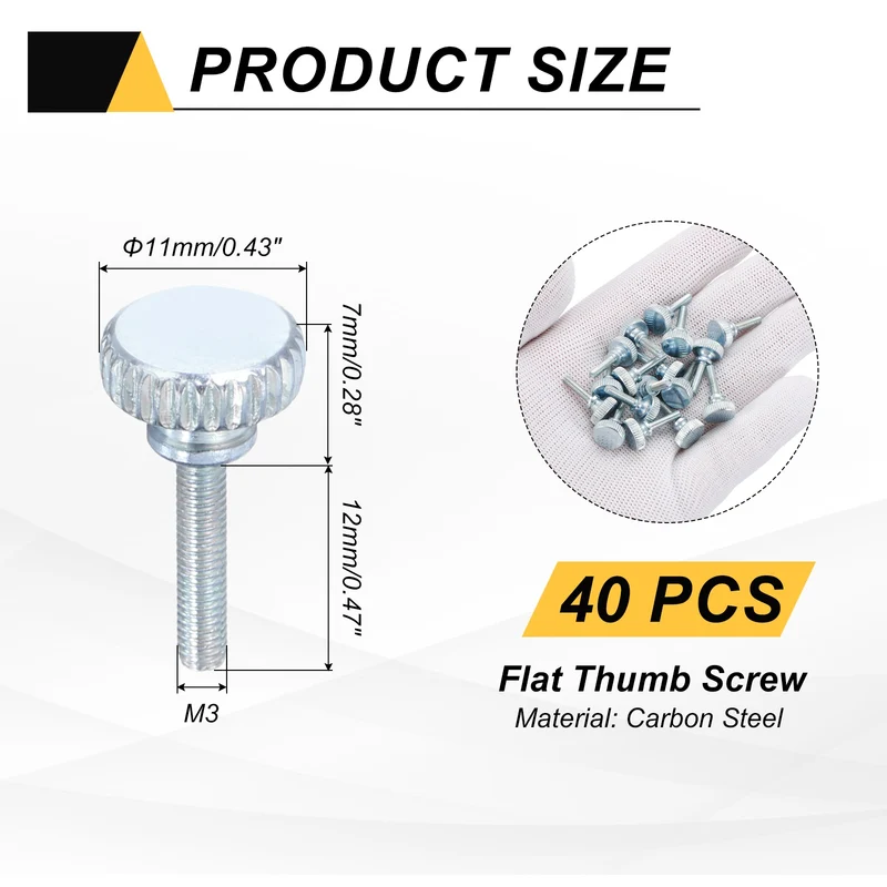 40 Pcs M3x12mm Zinc Plated Flat Knurled Fully Threaded Thumb Screws