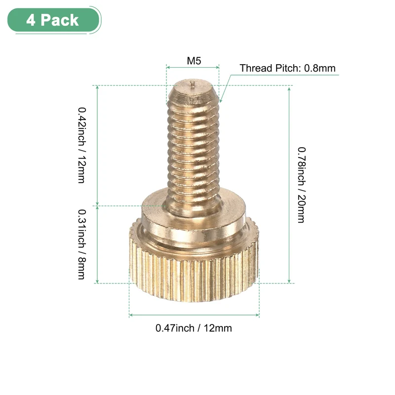 4-Pack Knurled Thumb Screws, M5x12mm Solid Brass Knobs Bolts