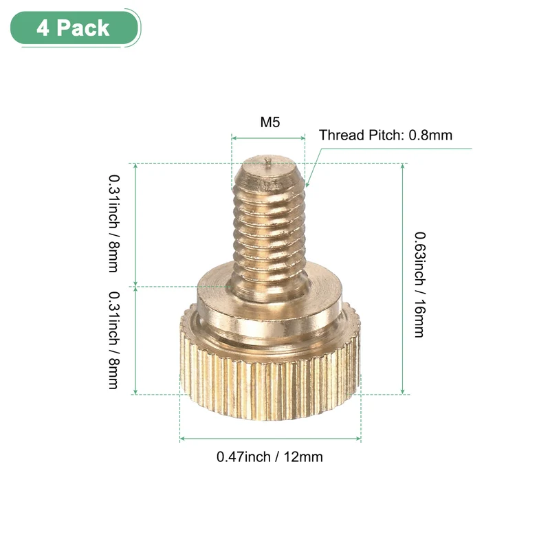 4-Pack Knurled Thumb Screws, M5x8mm Solid Brass Knobs Bolts