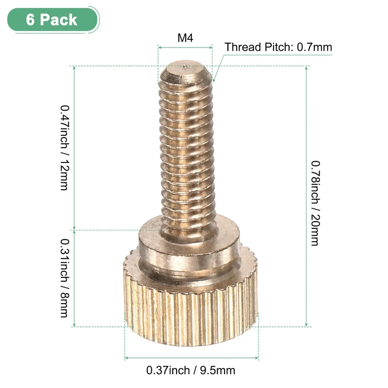6-Pack Knurled Thumb Screws, M4x12mm Solid Brass Knobs Bolts