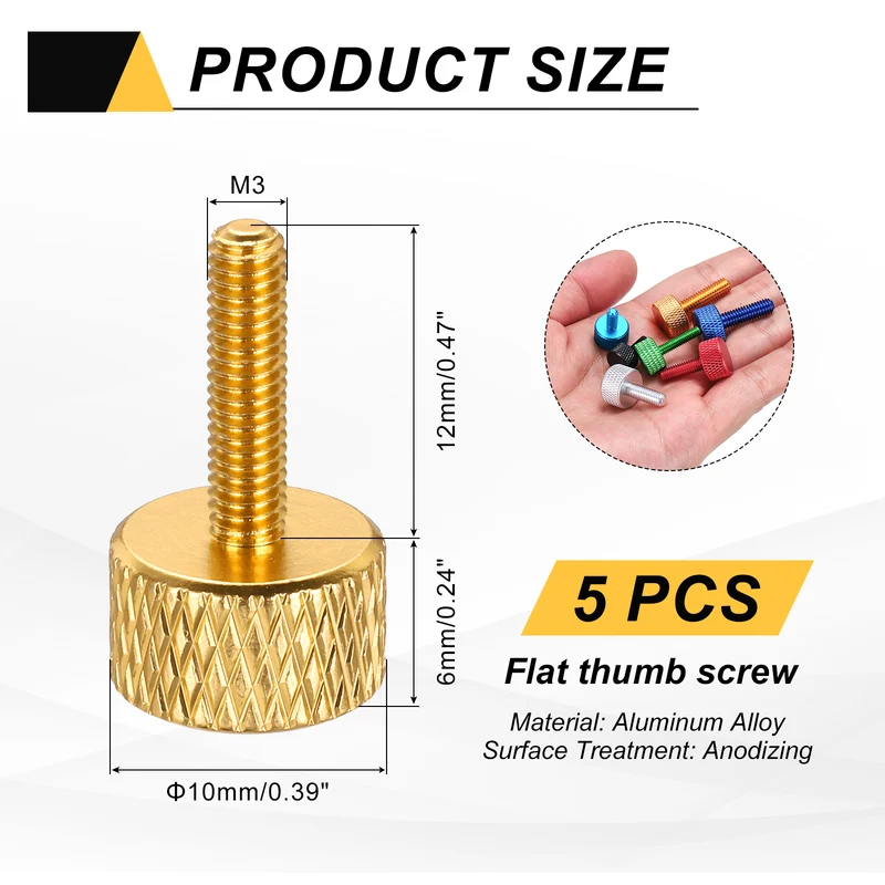 5Pcs M3x12mm Flat Head Knurled Thumb Screws for Graphics Card Gold