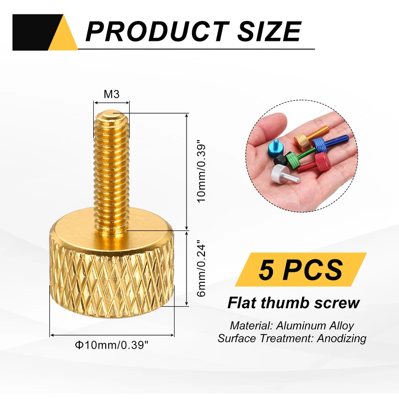 5 Pcs M3x10mm Flat Head Knurled Thumb Screws for Graphics Card, Gold