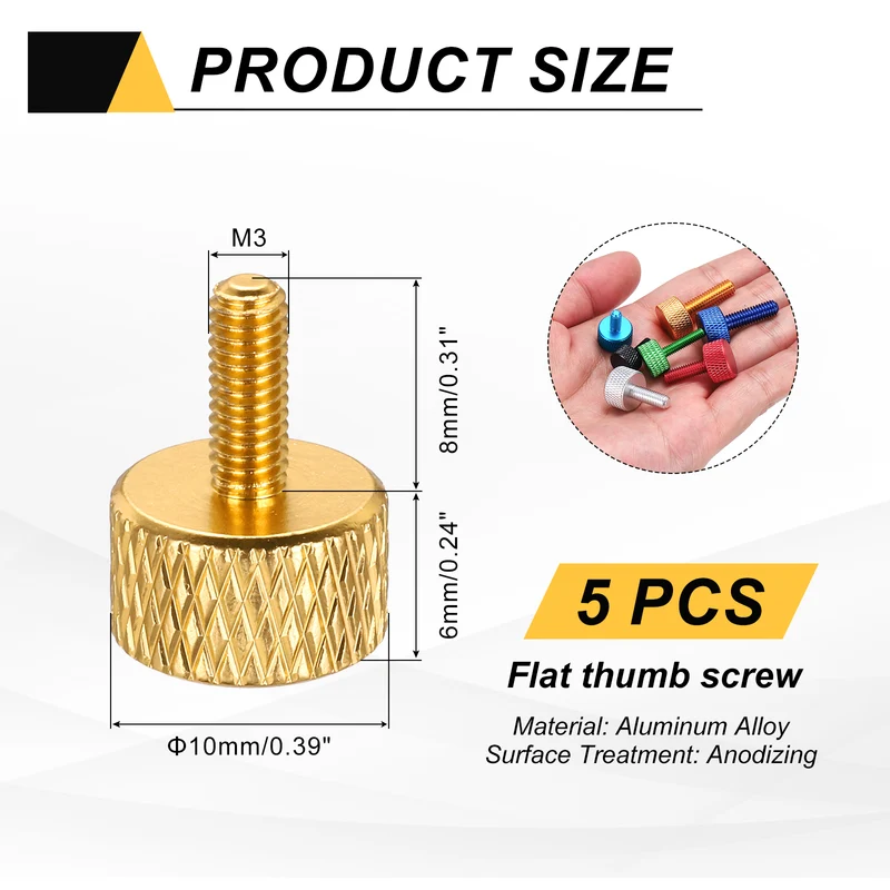5 Pcs M3x8mm Flat Head Knurled Thumb Screws for Graphics Card, Gold