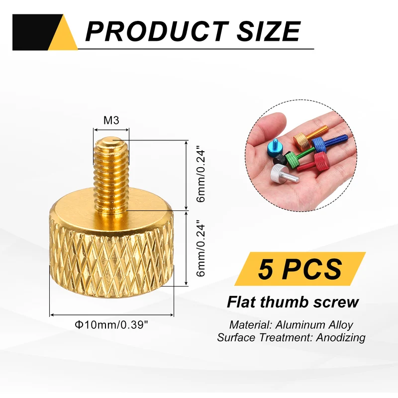 5Pcs M3x6mm Flat Head Knurled Thumb Screws for Graphics Card Gold