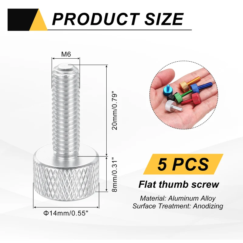 5Pcs M6x20mm Flat Head Knurled Thumb Screws for Graphics Card Silver