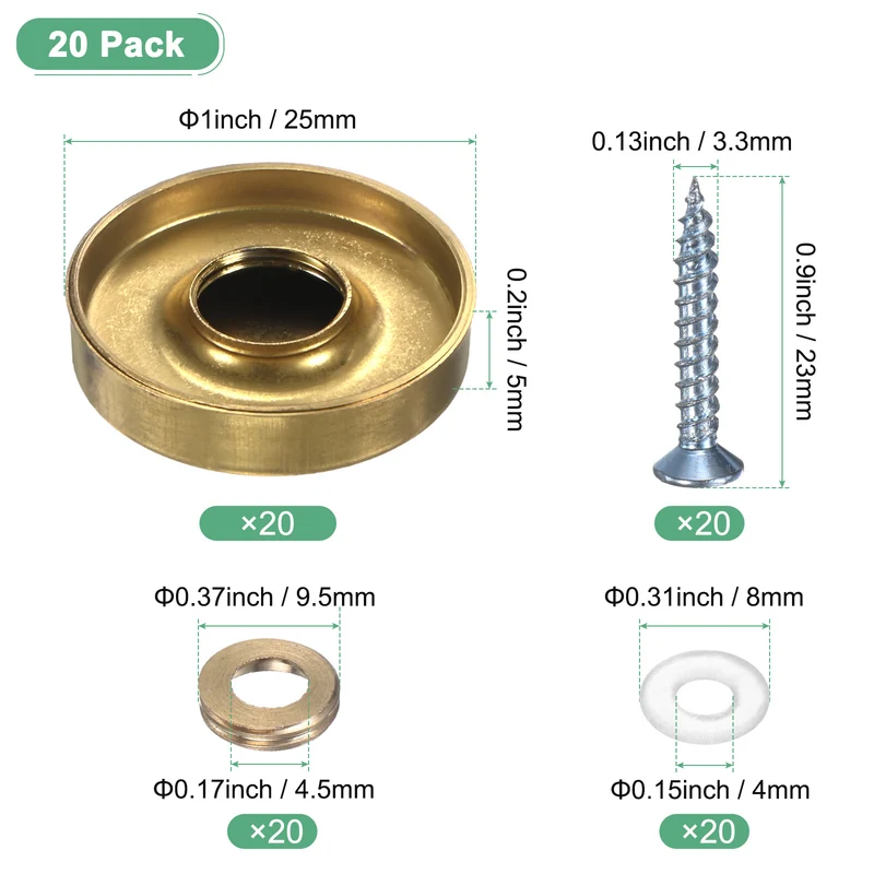 20-Pack Screw Covers Caps, 1" Dia Decorative Mirror Screws Cap [Gold Tone]