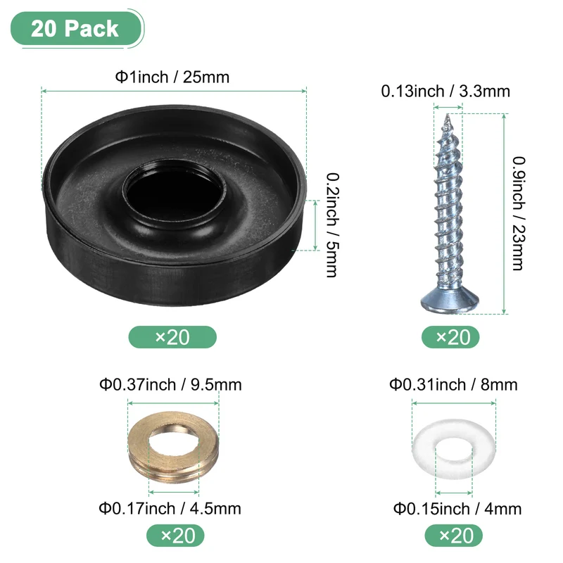 20-Pack Screw Covers Caps, 1" Dia Decorative Mirror Screws Cap [Black]