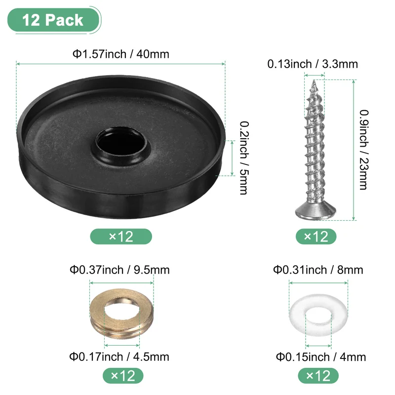 12-Pack Screw Covers Caps, 1.57" Dia Decorative Mirror Screws Cap [Black]